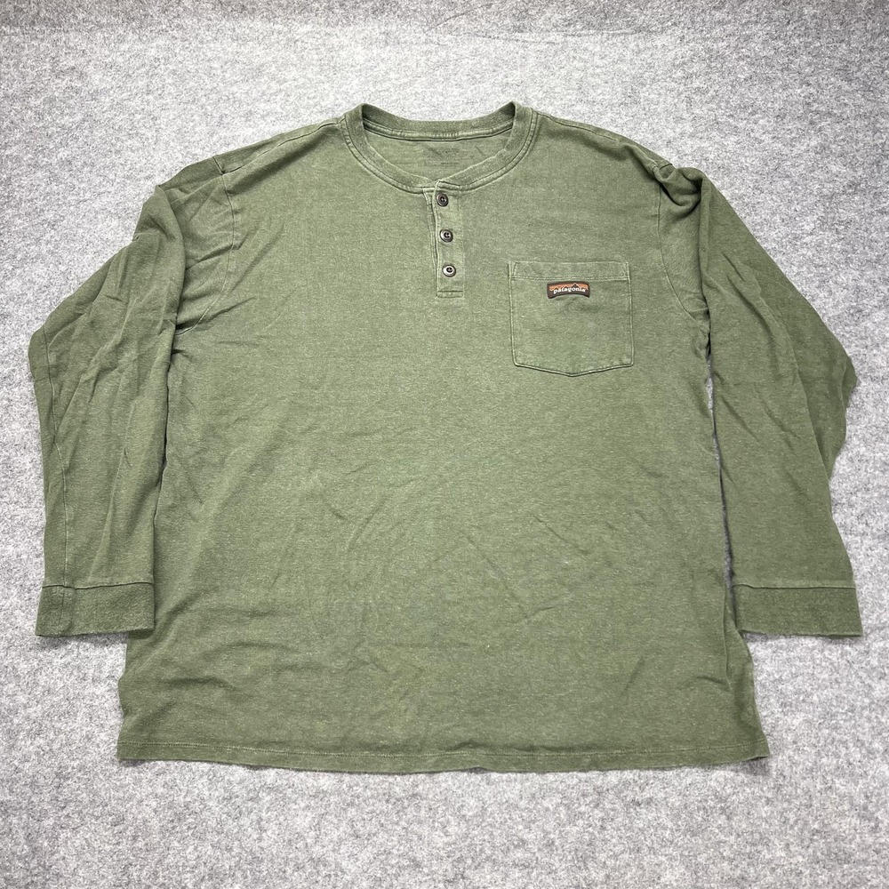 Patagonia Henley Shirt Mens Large Green Hemp Organic Cotton Long Sleeve 53390